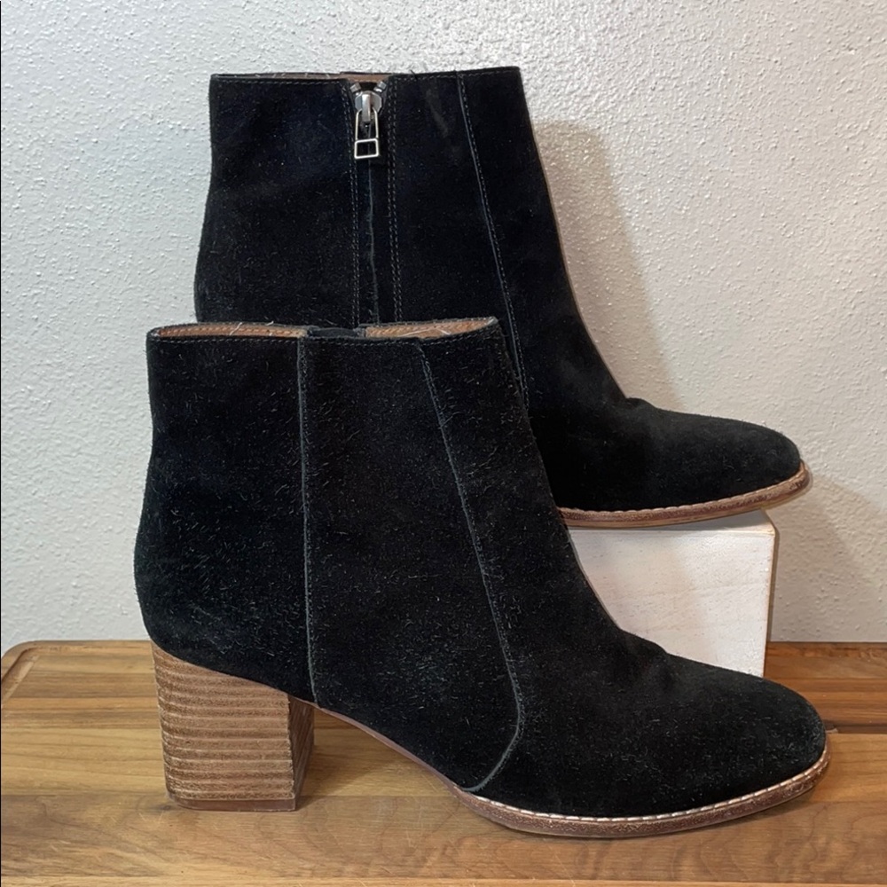 Madewell Black Suede Ankle Boots Booties Block Heel Zip Minimal Sz 9.5 Stacked